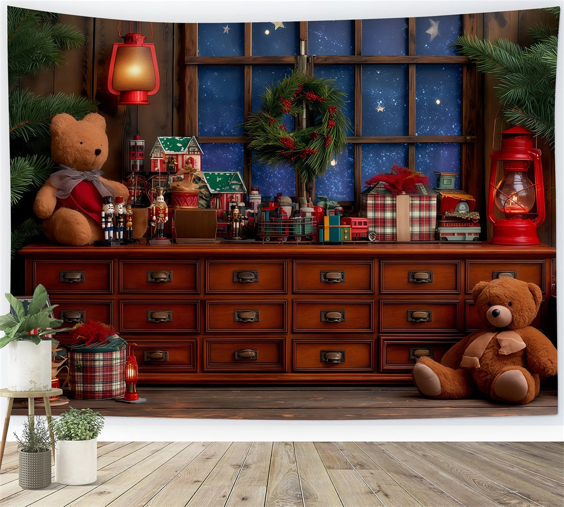 Weihnachtsmann-Werkstatt-Hintergrund Gem¨¹tliche Spielzeugwerkstatt Fenster Weihnachtshintergr¨¹nde TWW510-87