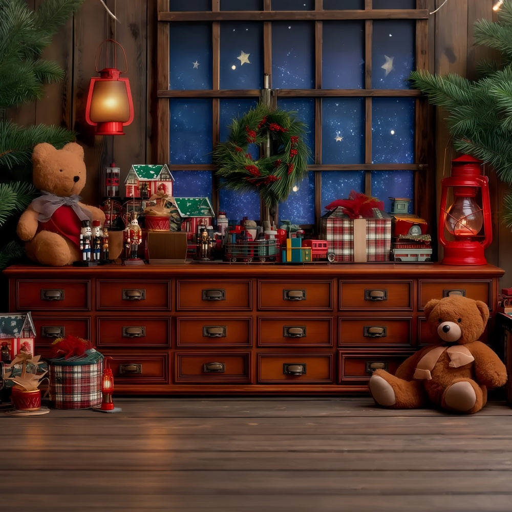 Weihnachtsmann-Werkstatt-Hintergrund Gem¨¹tliche Spielzeugwerkstatt Fenster Weihnachtshintergr¨¹nde TWW510-87