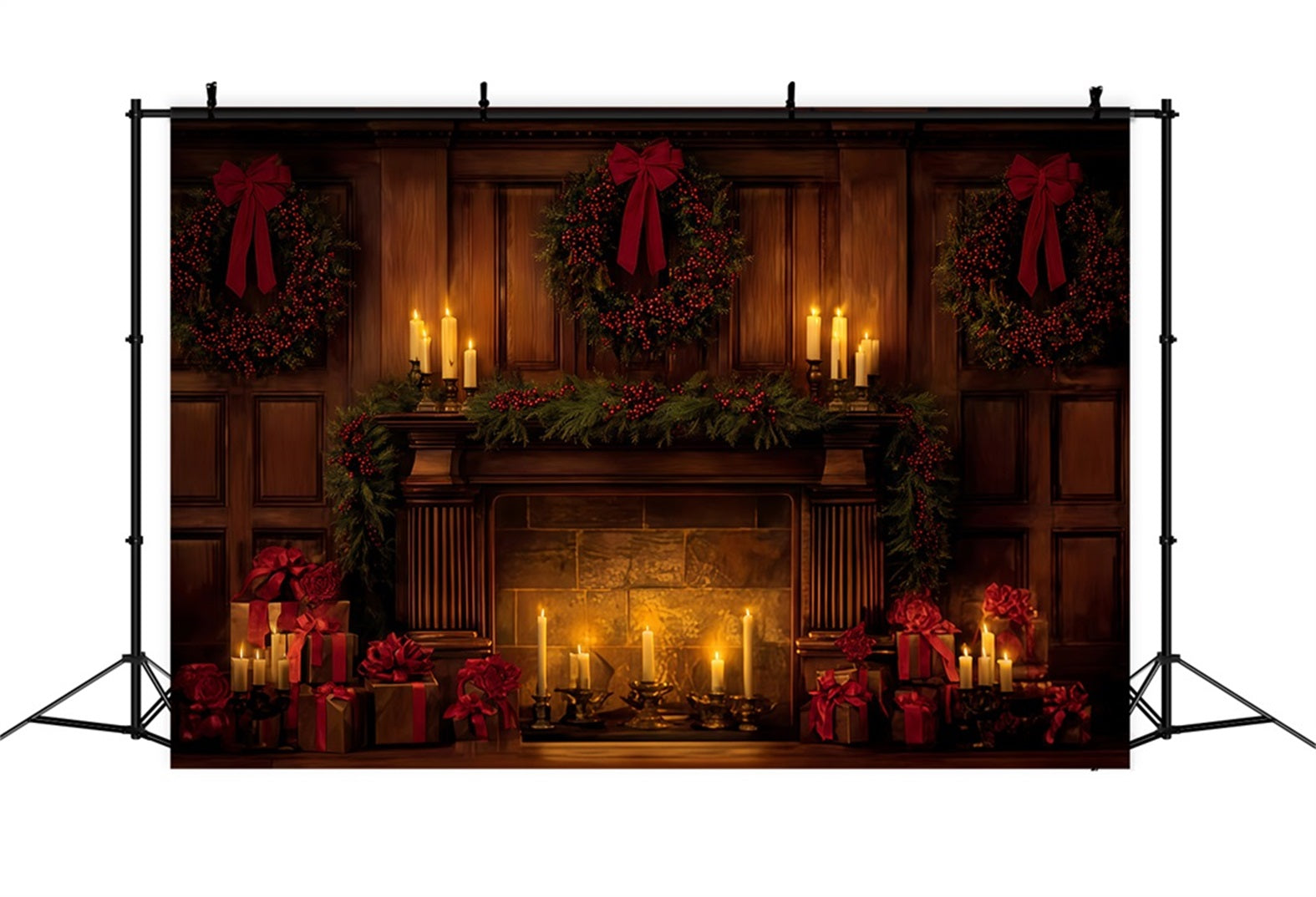 Weihnachts-Schleifen-Hintergrund Eleganter, kerzenbeleuchteter Weihnachtskamin Weihnachtshintergrund TWW510-96