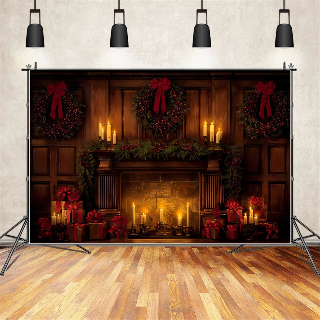 Weihnachts-Schleifen-Hintergrund Eleganter, kerzenbeleuchteter Weihnachtskamin Weihnachtshintergrund TWW510-96