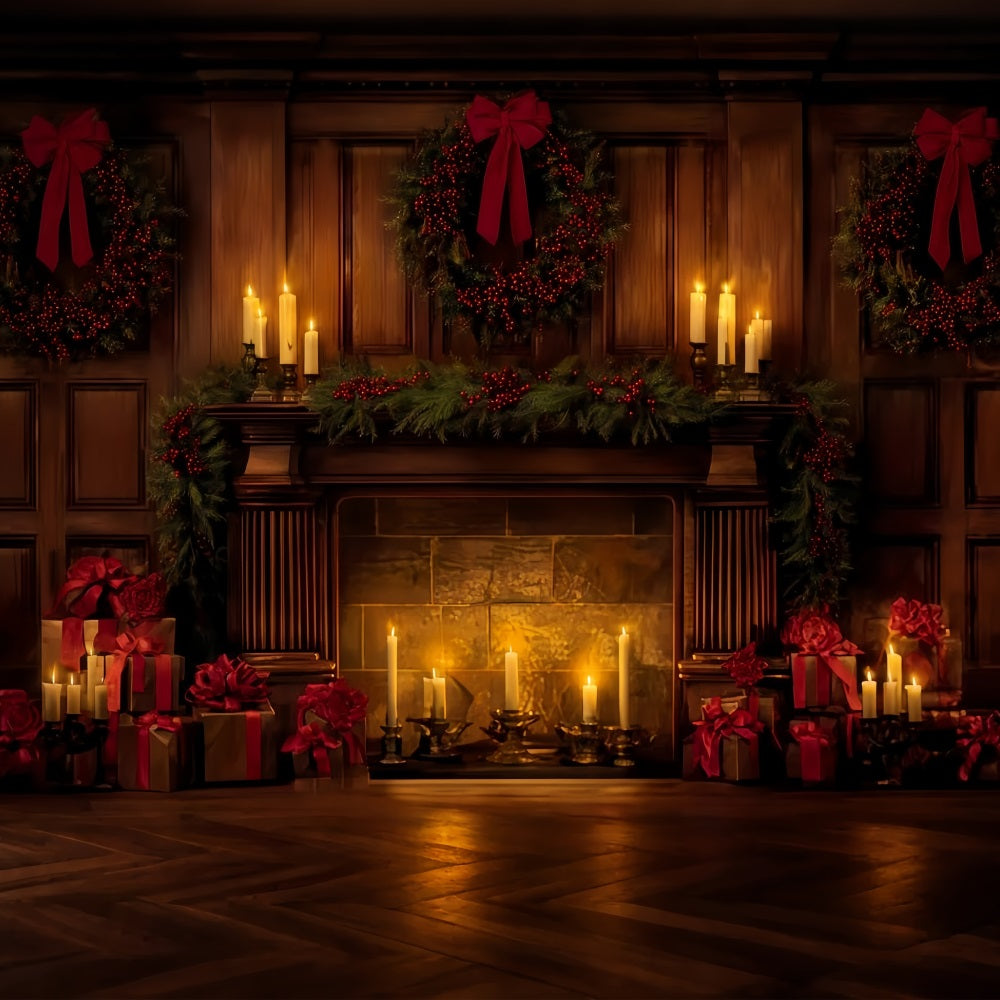 Weihnachts-Schleifen-Hintergrund Eleganter, kerzenbeleuchteter Weihnachtskamin Weihnachtshintergrund TWW510-96