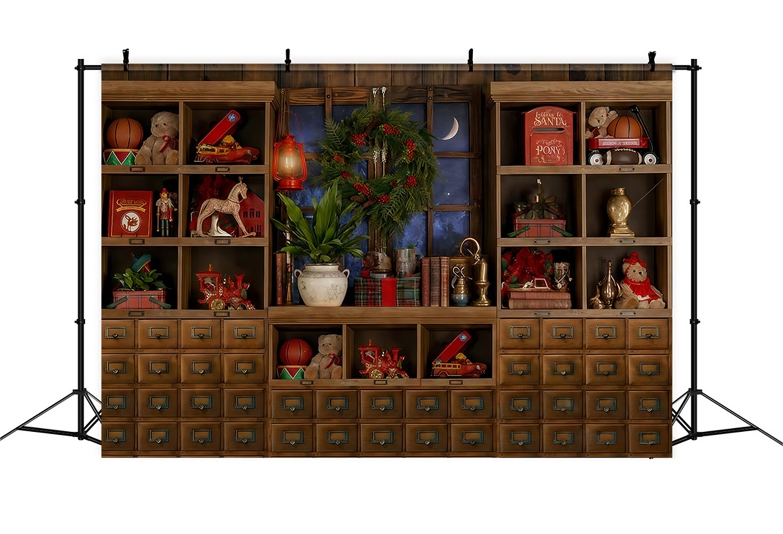 Weihnachtsmann-Spielzeugladen-Hintergrund Spielzeugregal Mondbeschienenes Fenster Weihnachtsfoto-Hintergrund TWW510-98