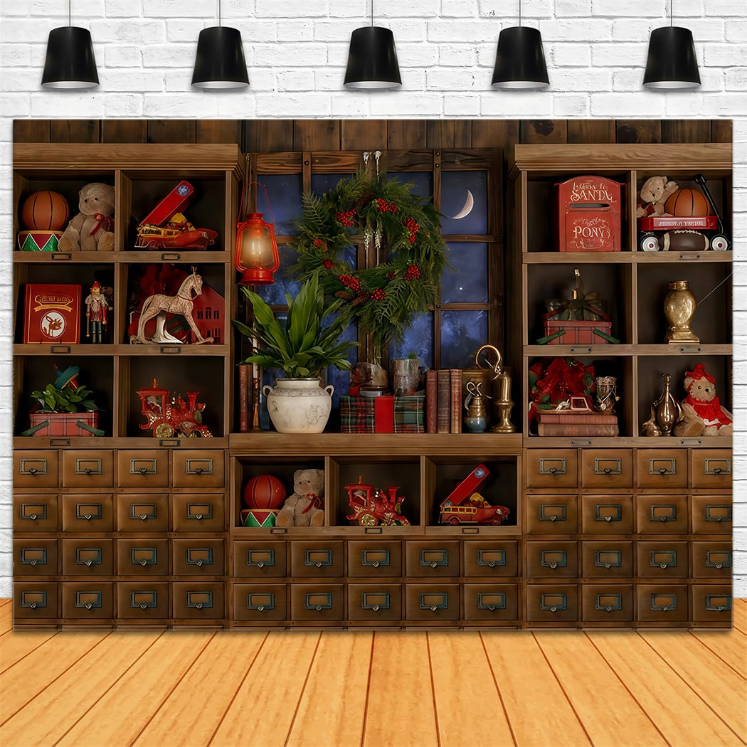 Weihnachtsmann-Spielzeugladen-Hintergrund Spielzeugregal Mondbeschienenes Fenster Weihnachtsfoto-Hintergrund TWW510-98