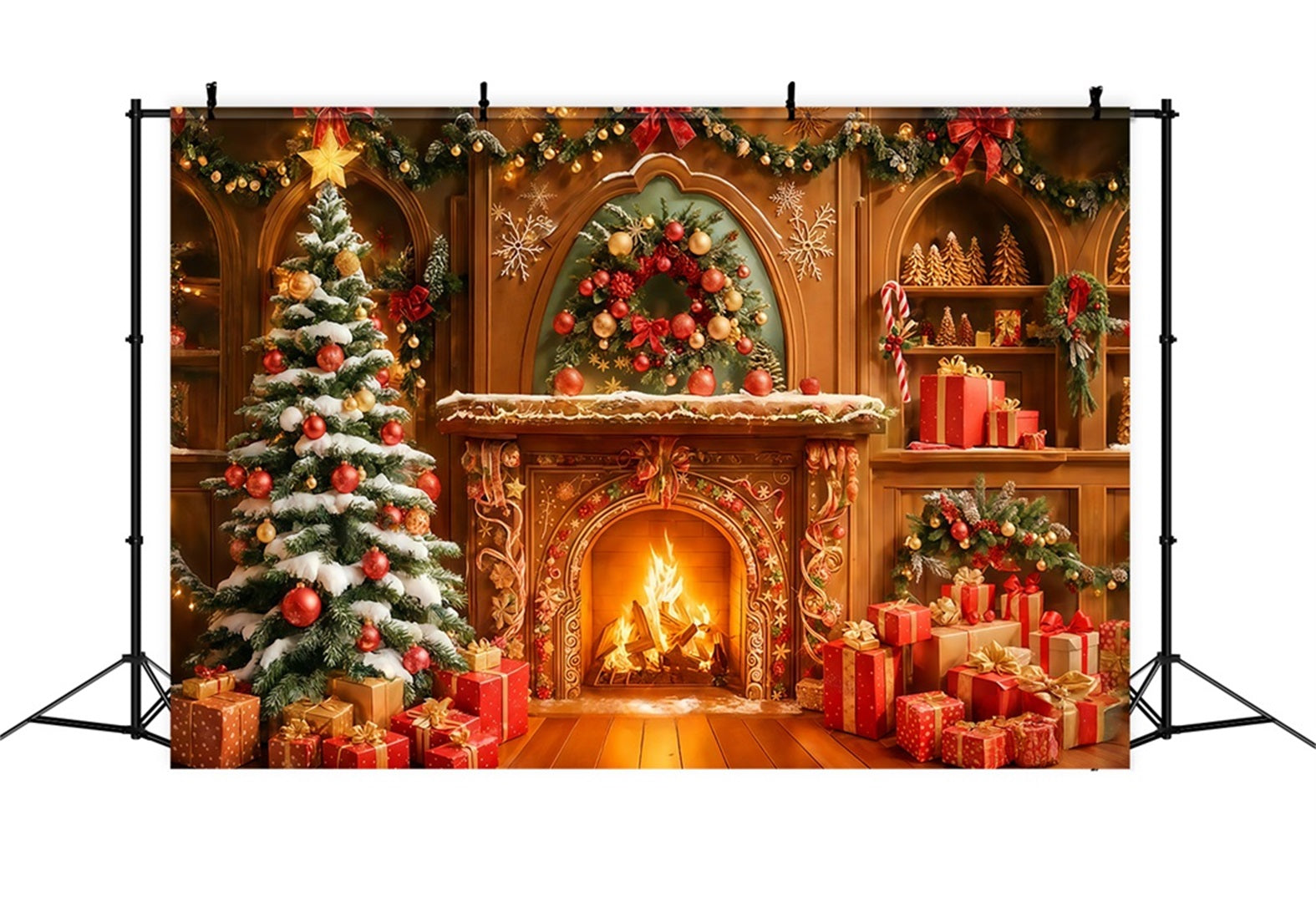 Lebkuchenhaus-Hintergrund Goldener Kamin Feiertagsglanz Weihnachtsfoto-Hintergr¨¹nde TWW510-99
