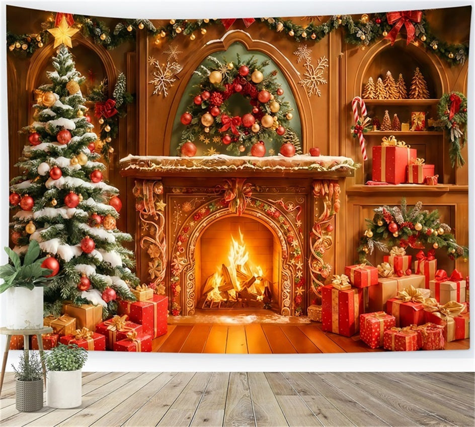 Lebkuchenhaus-Hintergrund Goldener Kamin Feiertagsglanz Weihnachtsfoto-Hintergr¨¹nde TWW510-99