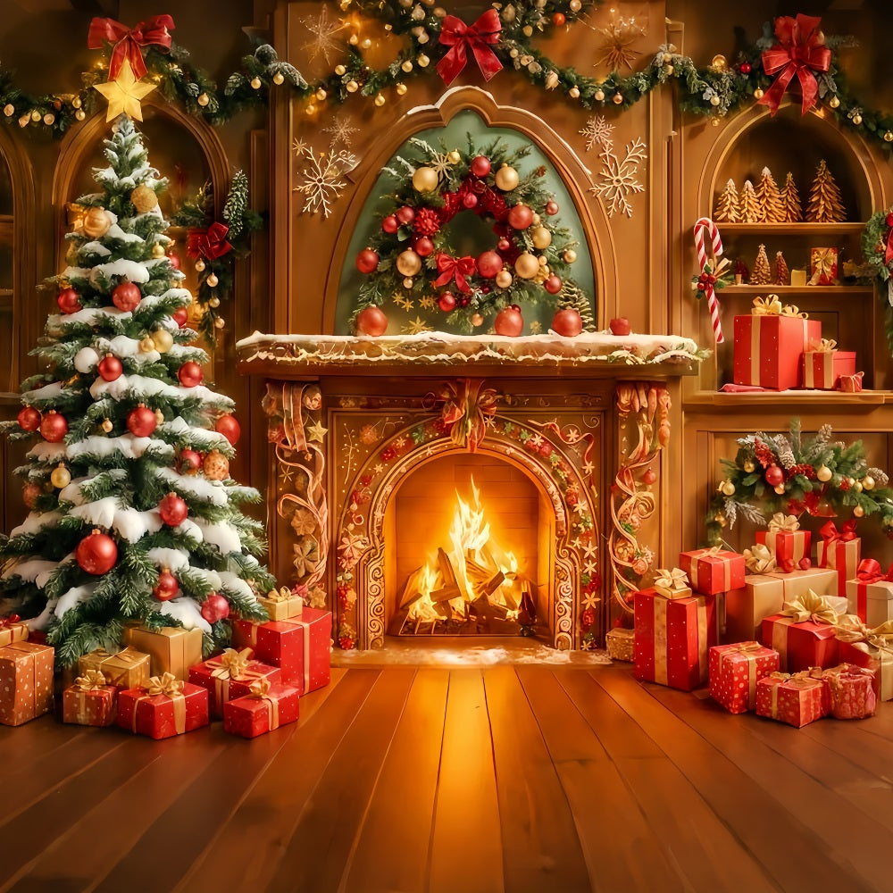 Lebkuchenhaus-Hintergrund Goldener Kamin Feiertagsglanz Weihnachtsfoto-Hintergr¨¹nde TWW510-99