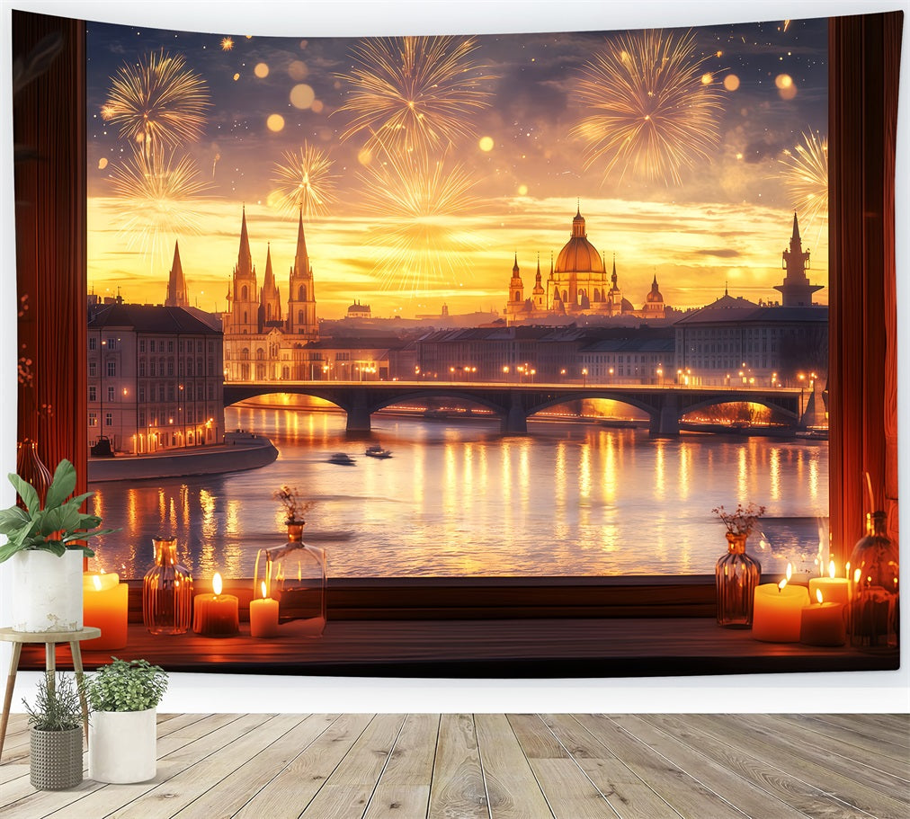 Neujahrshintergrund Goldener Sonnenuntergang Stadtlandschaft Feuerwerk Foto-Hintergrund TWW512-10