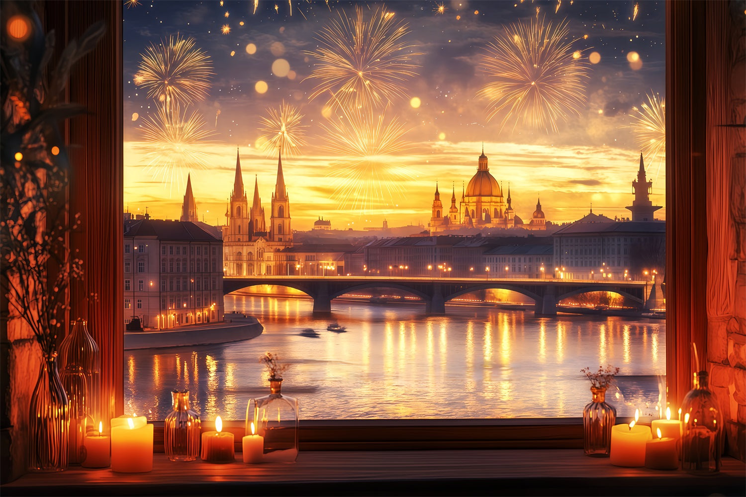 Neujahrshintergrund Goldener Sonnenuntergang Stadtlandschaft Feuerwerk Foto-Hintergrund TWW512-10