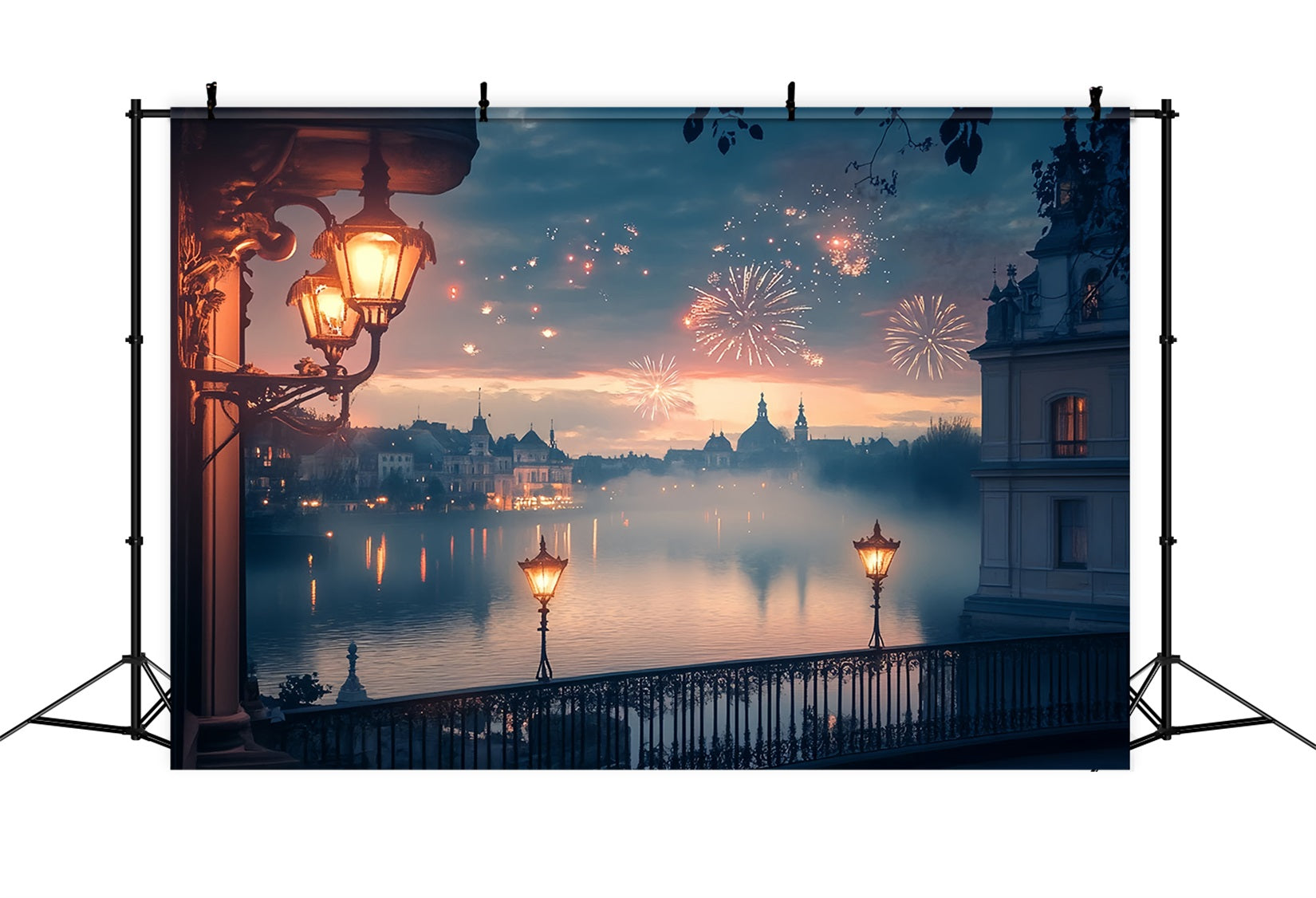Neujahrsfoto-Hintergrund Goldener See Feuerwerk Glanz Stadt bei Nacht Hintergrund TWW512-13