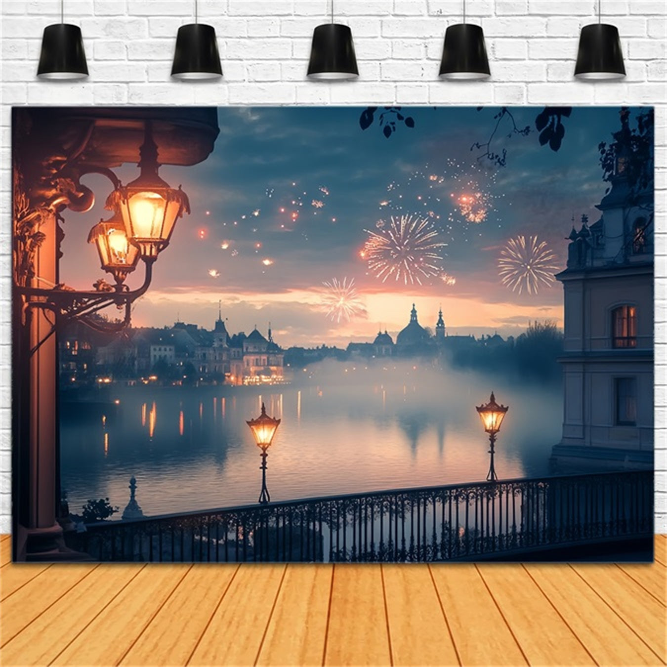 Neujahrsfoto-Hintergrund Goldener See Feuerwerk Glanz Stadt bei Nacht Hintergrund TWW512-13