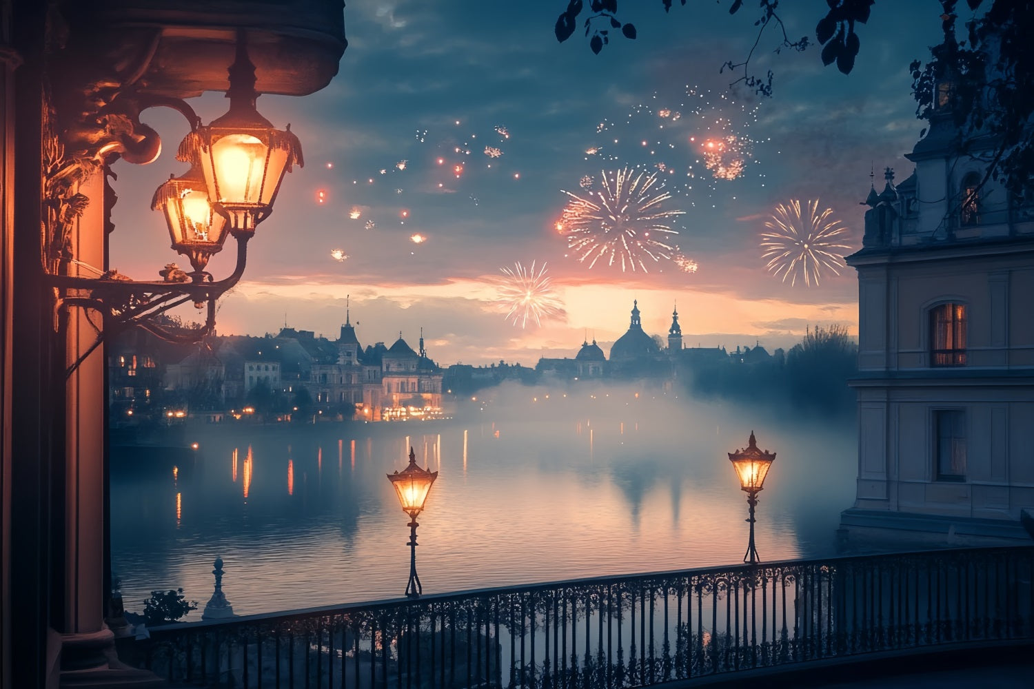 Neujahrsfoto-Hintergrund Goldener See Feuerwerk Glanz Stadt bei Nacht Hintergrund TWW512-13