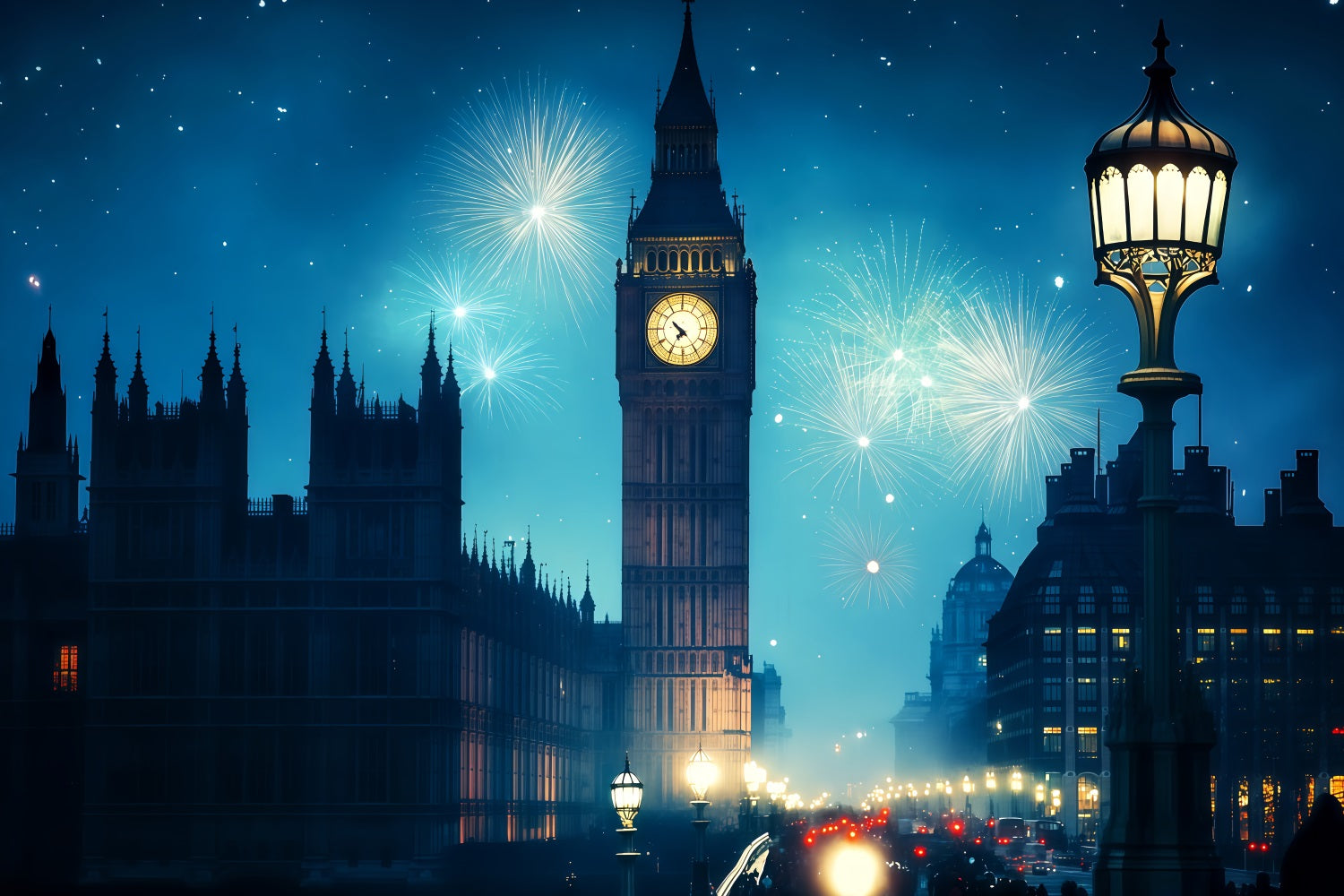 Neujahrshintergründe Londoner Uhrenturm Feuerwerk Stadt bei Nacht Hintergrund TWW512-15
