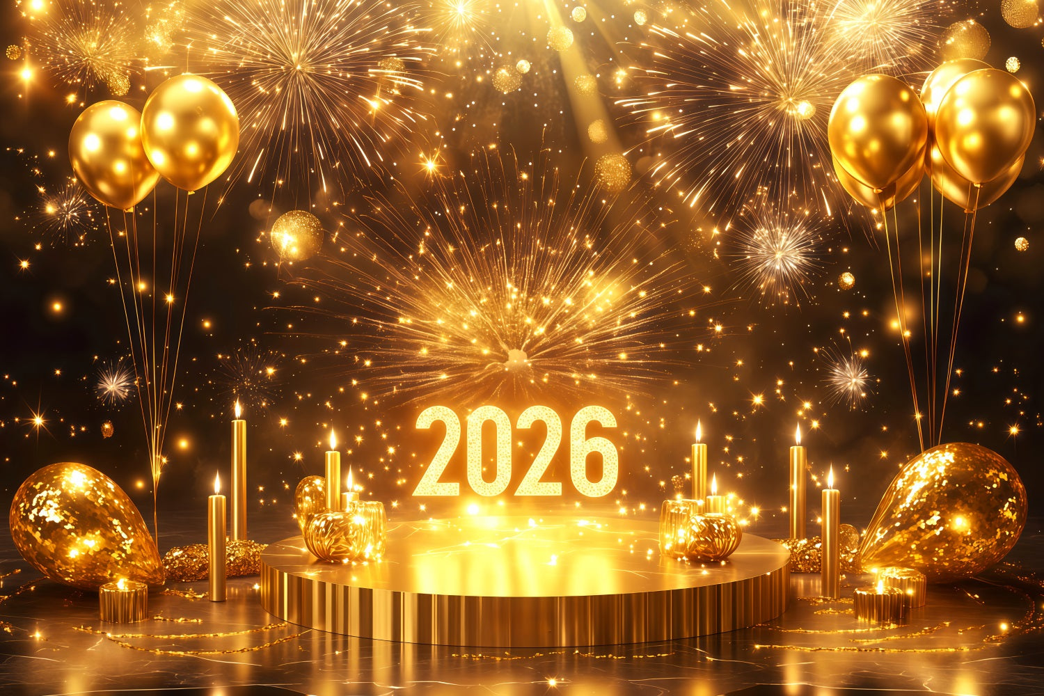 2026 Neujahrs-Hintergrund Bühnenballon Funkelnde Feuerwerke Goldglitzer-Hintergrund TWW512-23