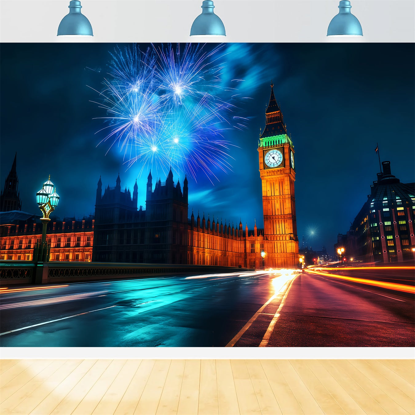Neujahrs-Hintergrund Londoner Skyline Mitternachtsfeuerwerke Stadtbild-Fotohintergrund TWW512-24