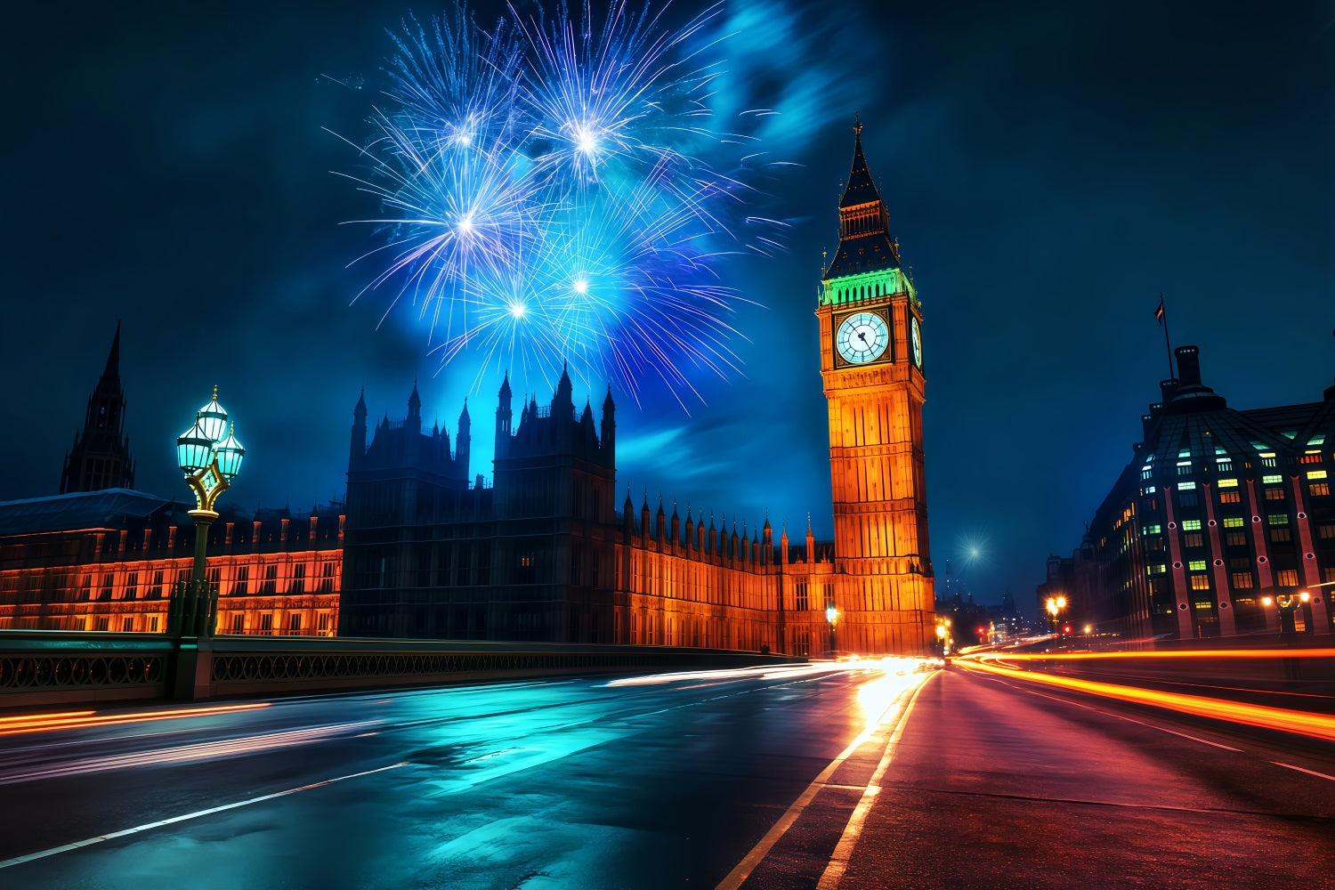 Neujahrs-Hintergrund Londoner Skyline Mitternachtsfeuerwerke Stadtbild-Fotohintergrund TWW512-24
