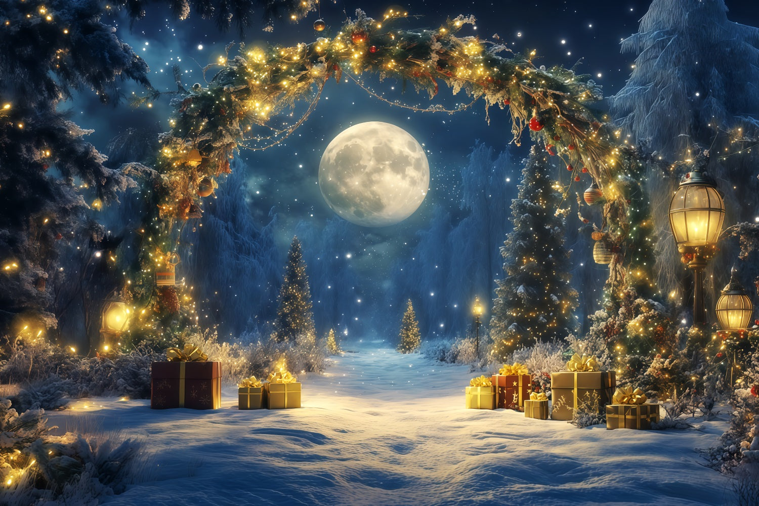 Neujahrs-Hintergründe Mondbeschienener Winterwald Silvester-Hintergrund TWW512-27