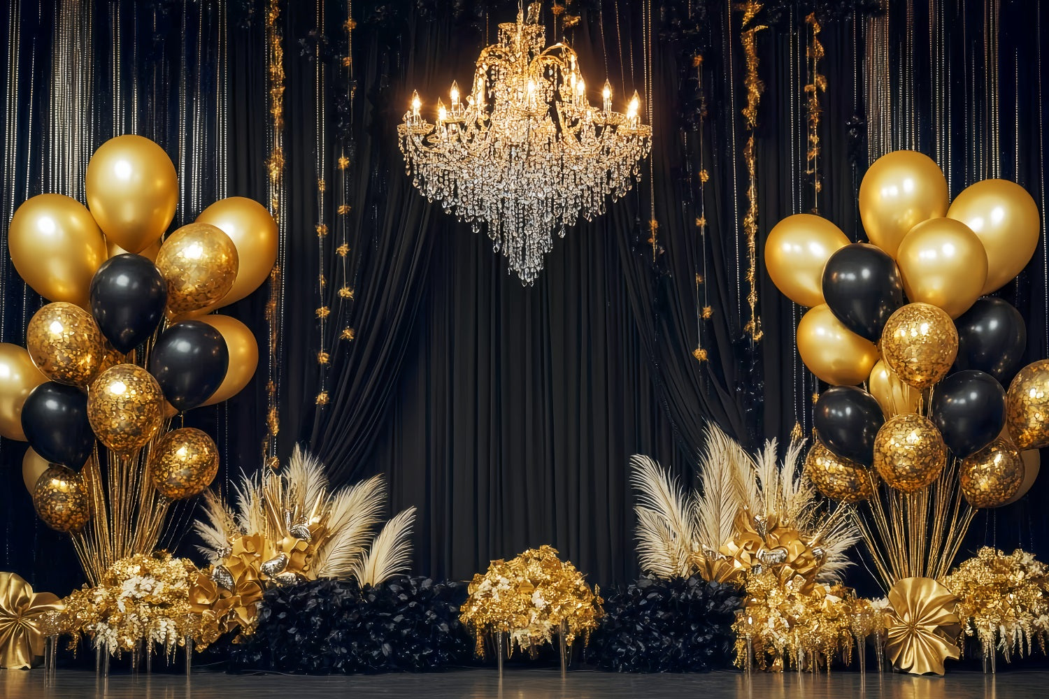 Ideen für Neujahrs-Hintergründe Luxuriöser Kronleuchter Ballons Schwarz-goldener Hintergrund TWW512-28