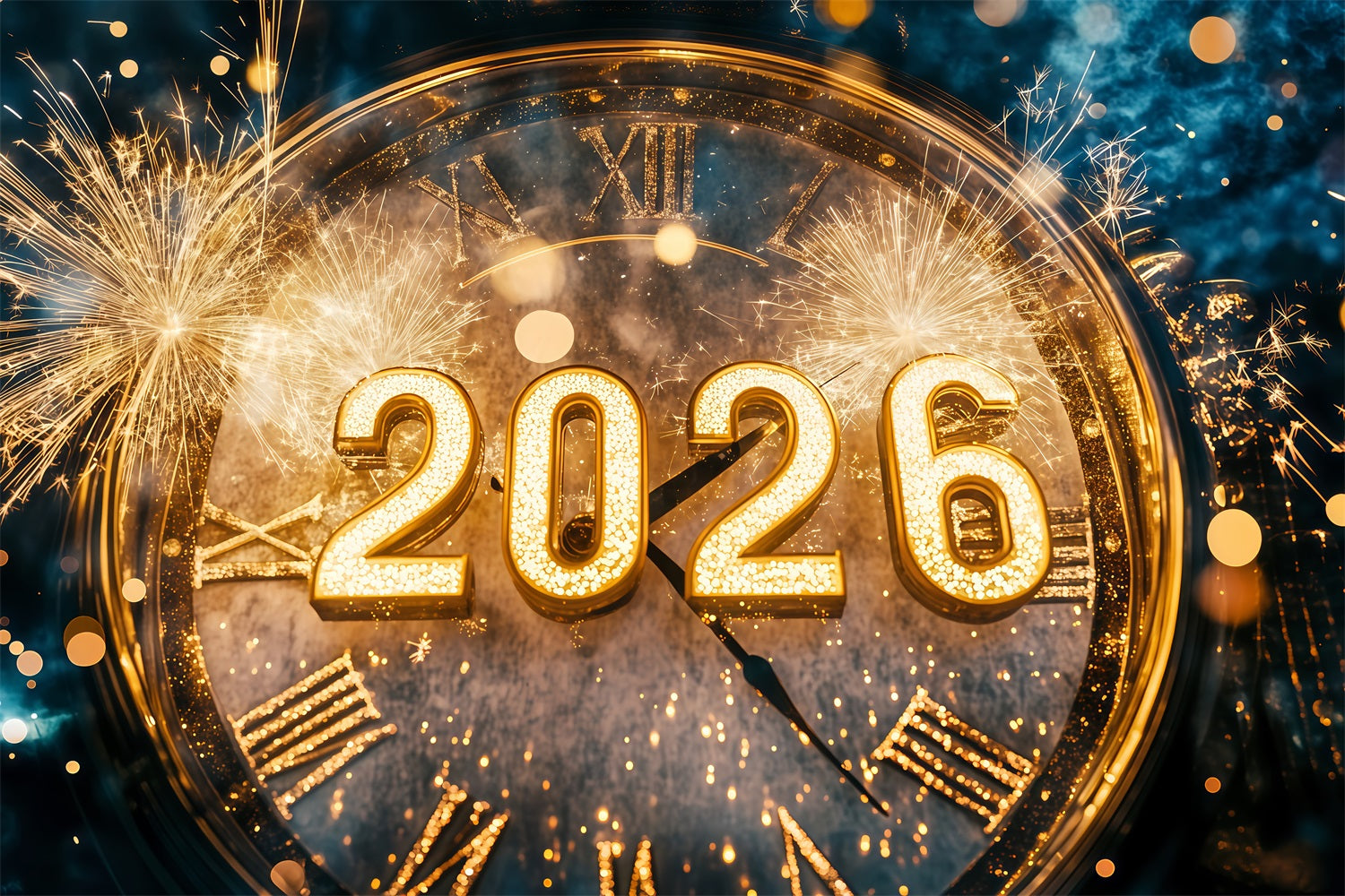 2026 Neujahrs-Hintergrund Goldenes Feuerwerk Bokeh Countdown-Uhr Foto-Hintergrund TWW512-2