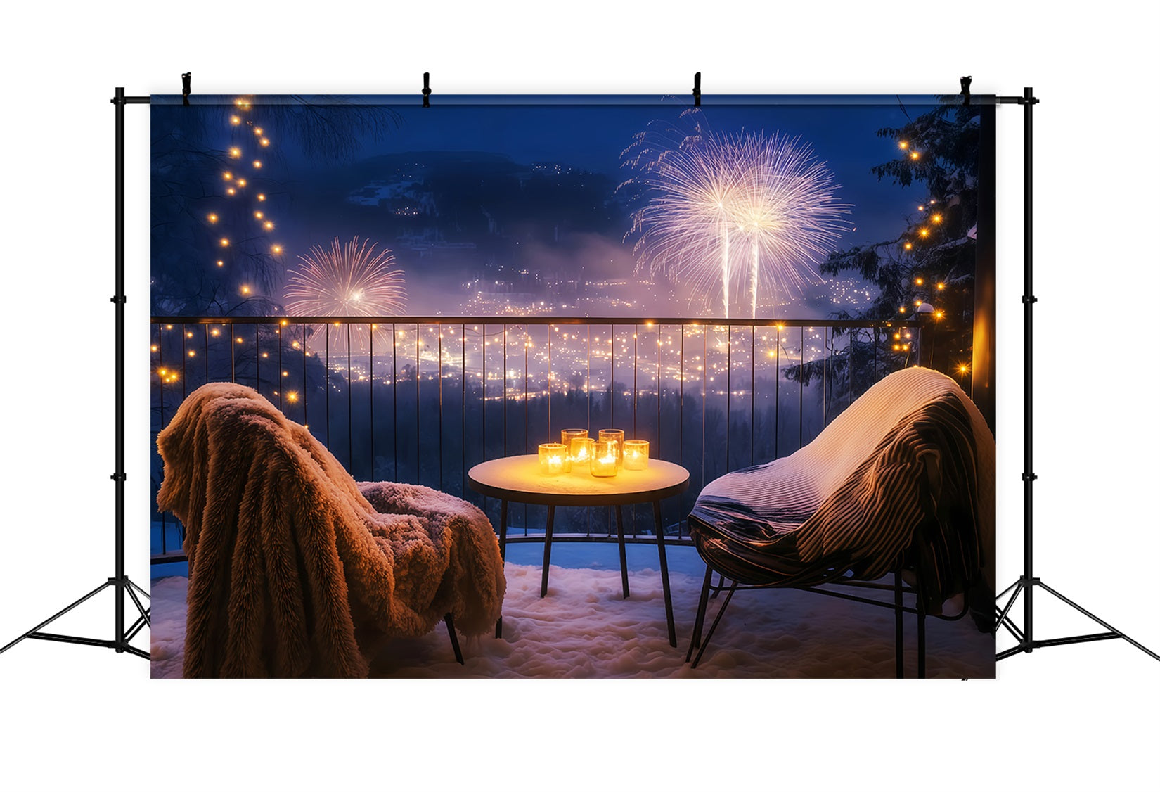 Frohes Neues Jahr-Hintergrund Gemütlicher Balkon Nacht Stadtlandschaft Feuerwerk-Hintergrund TWW512-32