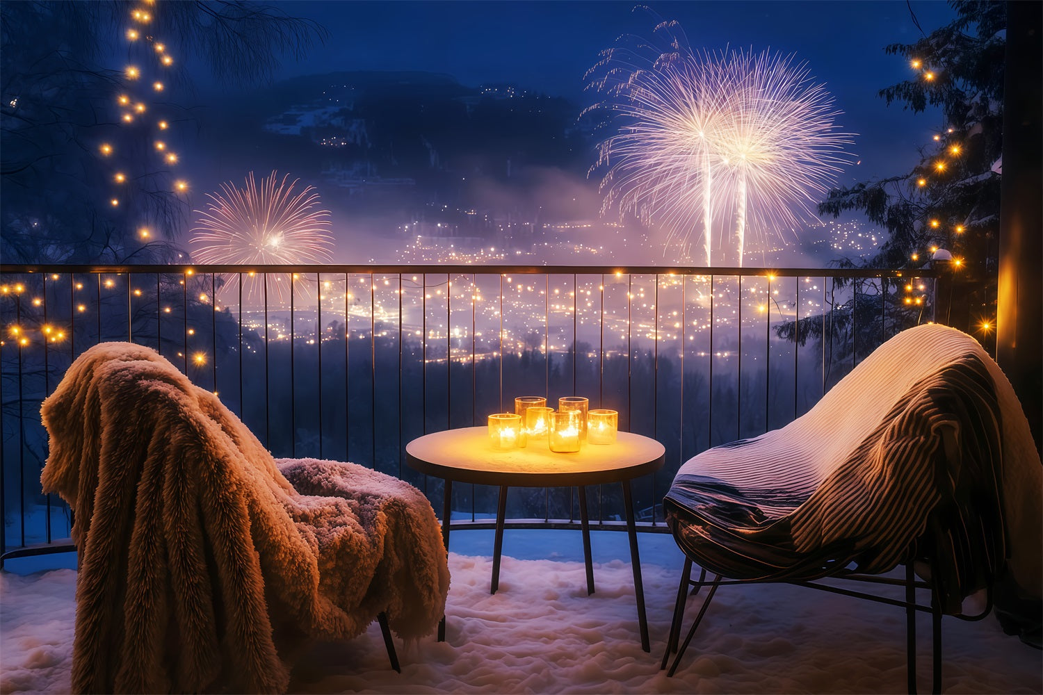 Frohes Neues Jahr-Hintergrund Gemütlicher Balkon Nacht Stadtlandschaft Feuerwerk-Hintergrund TWW512-32