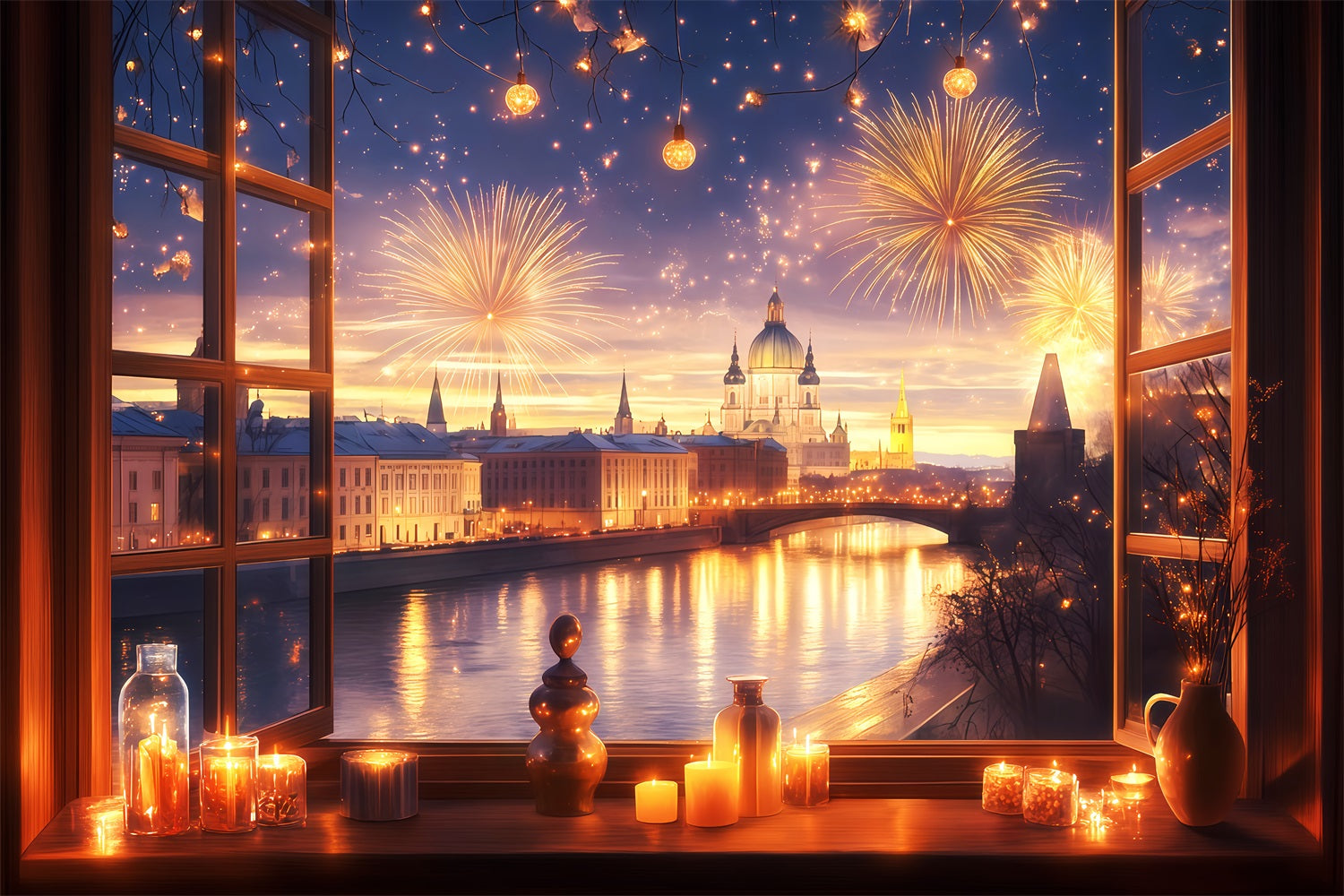 Neujahrsfotohintergrund Fenster Stadt Feuerwerk Glanz Stadtlandschaft Fotohintergrund TWW512-3