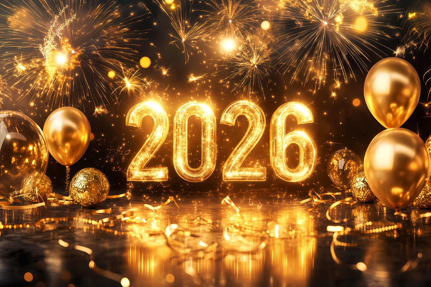 2026 Neujahrshintergrund Funkelnde goldene Ballons Feuerwerk Hintergrund TWW512-4