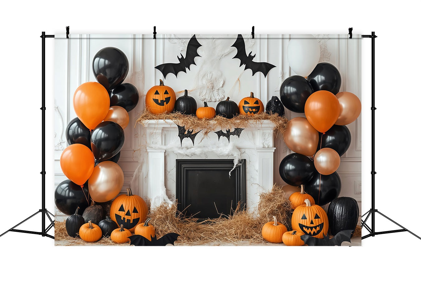 Halloween WandFotohintergrund Kürbis Kamin mit Luftballondekor Halloween Fotohintergrund TWW58-1