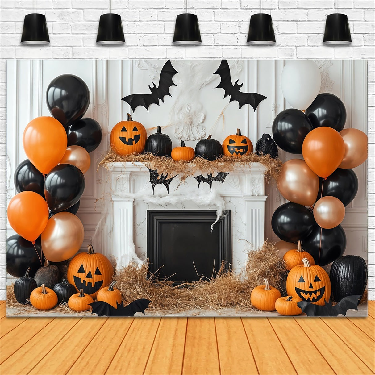 Halloween WandFotohintergrund Kürbis Kamin mit Luftballondekor Halloween Fotohintergrund TWW58-1