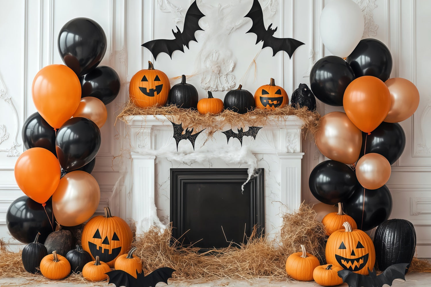 Halloween WandFotohintergrund Kürbis Kamin mit Luftballondekor Halloween Fotohintergrund TWW58-1