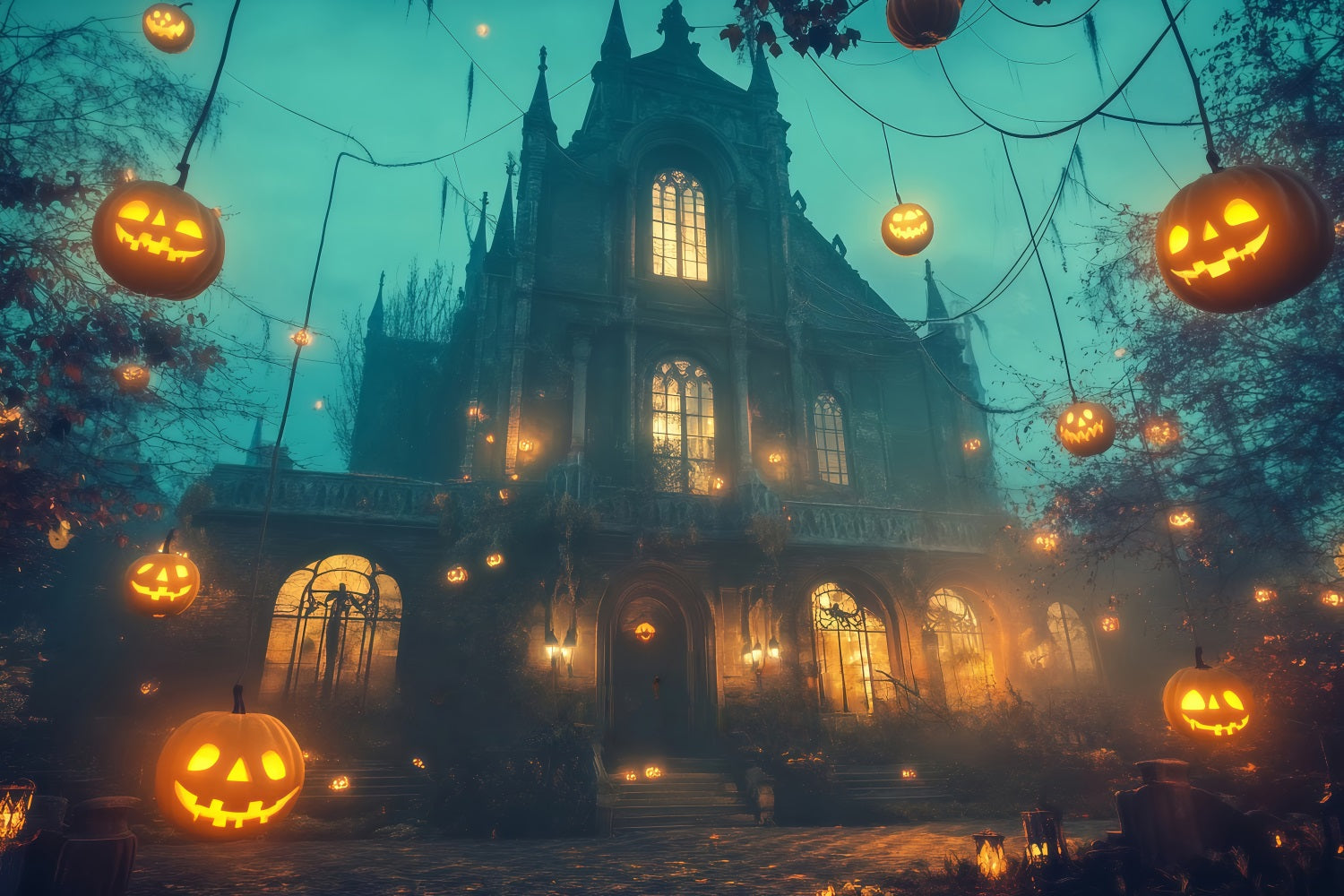 Spukhaus-Fotohintergrund Schwebende Jack-O'-Lanterns um gotisches Herrenhaus Halloween-FotoFotohintergrund TWW58-11