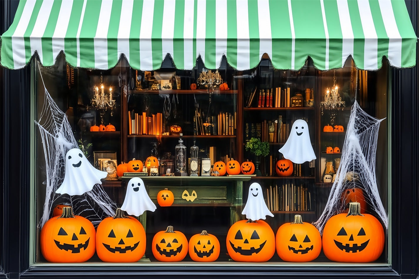 Halloween Lächelnde Kürbisse und Gespenster in Schaufensterauslage Halloween-FotoFotohintergrund TWW58-12