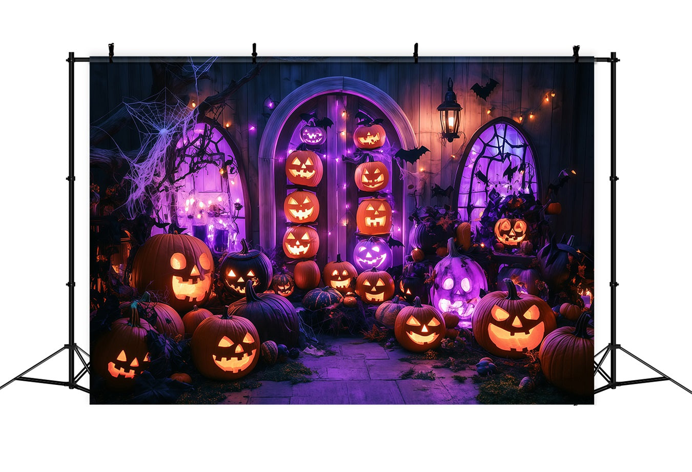 Halloween WandFotohintergrund Glühende Jack-O'-Lantern Veranda mit lila Lichtern Halloween FotoFotohintergrund TWW58-13