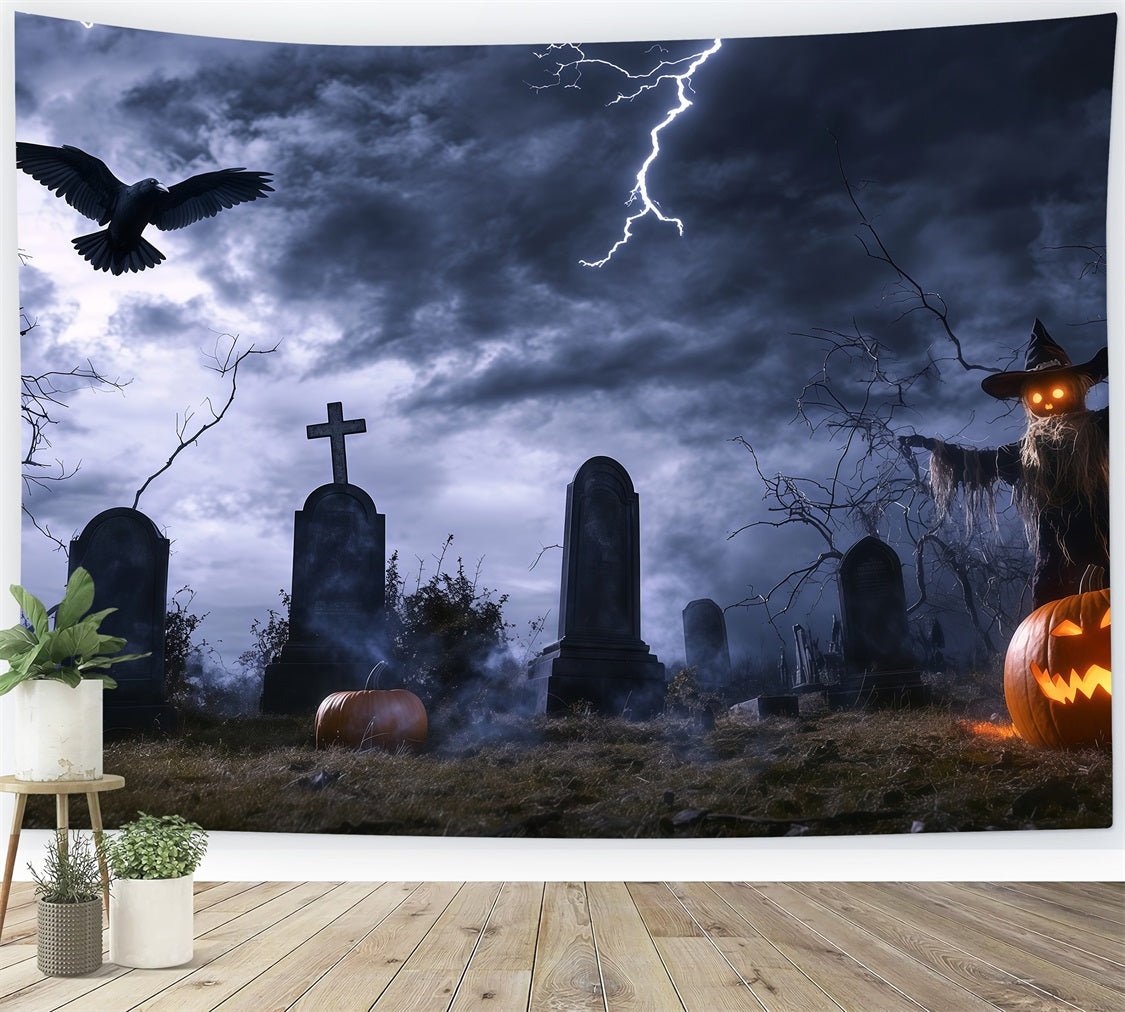 Halloween-Friedhof-Fotohintergrund Stürmischer Friedhof mit Vogelscheuche und Blitzen Halloween-FotoFotohintergrund TWW58-14