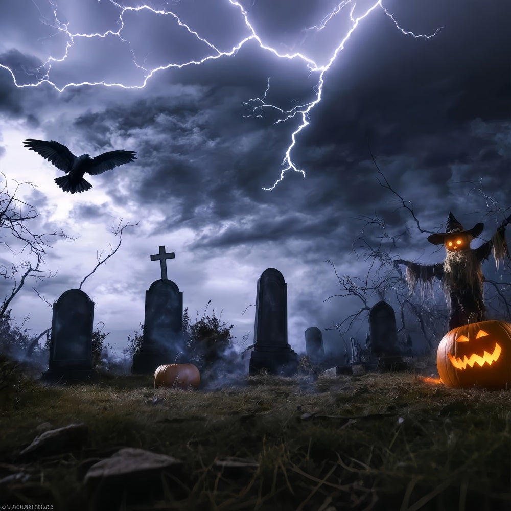 Halloween-Friedhof-Fotohintergrund Stürmischer Friedhof mit Vogelscheuche und Blitzen Halloween-FotoFotohintergrund TWW58-14