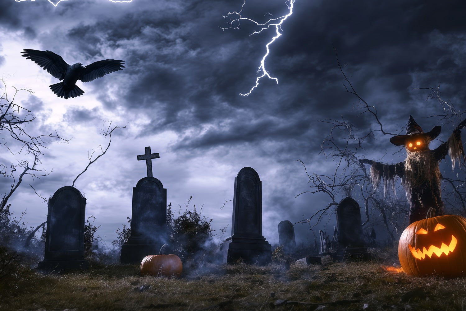Halloween-Friedhof-Fotohintergrund Stürmischer Friedhof mit Vogelscheuche und Blitzen Halloween-FotoFotohintergrund TWW58-14