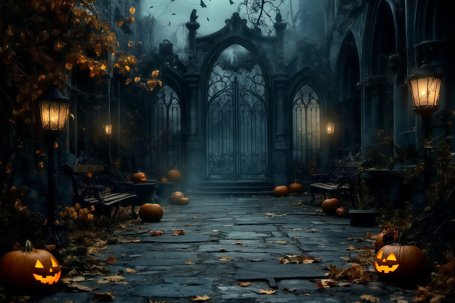 Nebliges gotisches Halloweentor mit verstreuten Kürbissen Halloween-FotoFotohintergrund TWW58-15