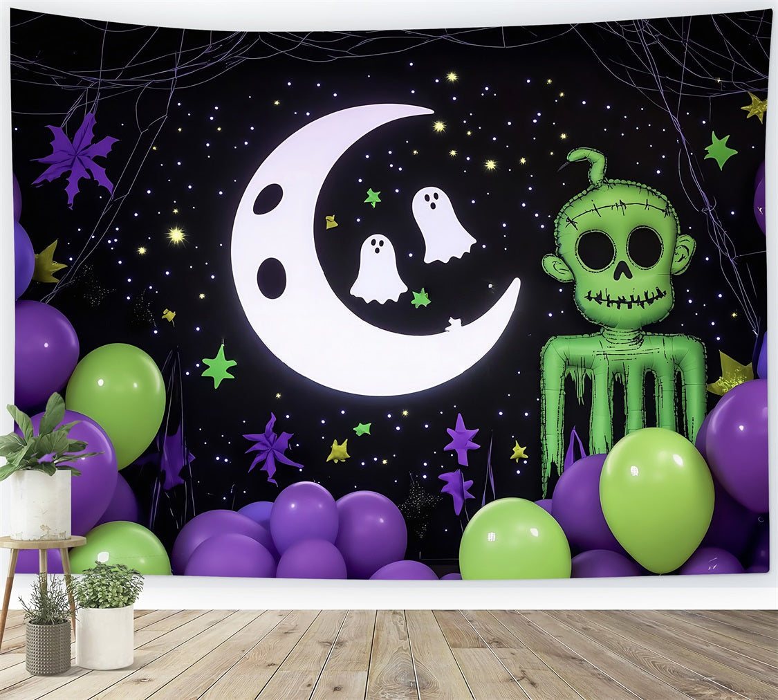 Halloween WandFotohintergrund Cartoon Moon Gespenster und grüne Zombie Dekoration Halloween Fotohintergrund für Fotos TWW58-17