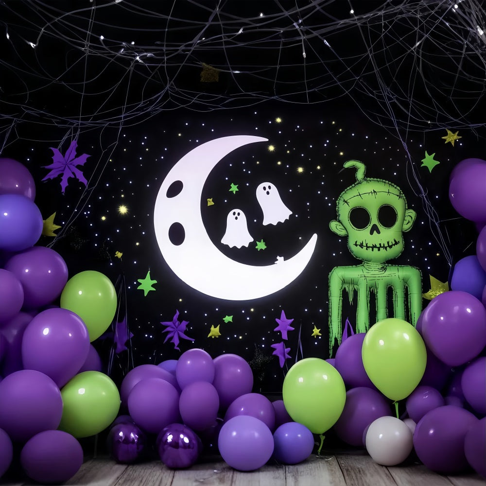 Halloween WandFotohintergrund Cartoon Moon Gespenster und grüne Zombie Dekoration Halloween Fotohintergrund für Fotos TWW58-17
