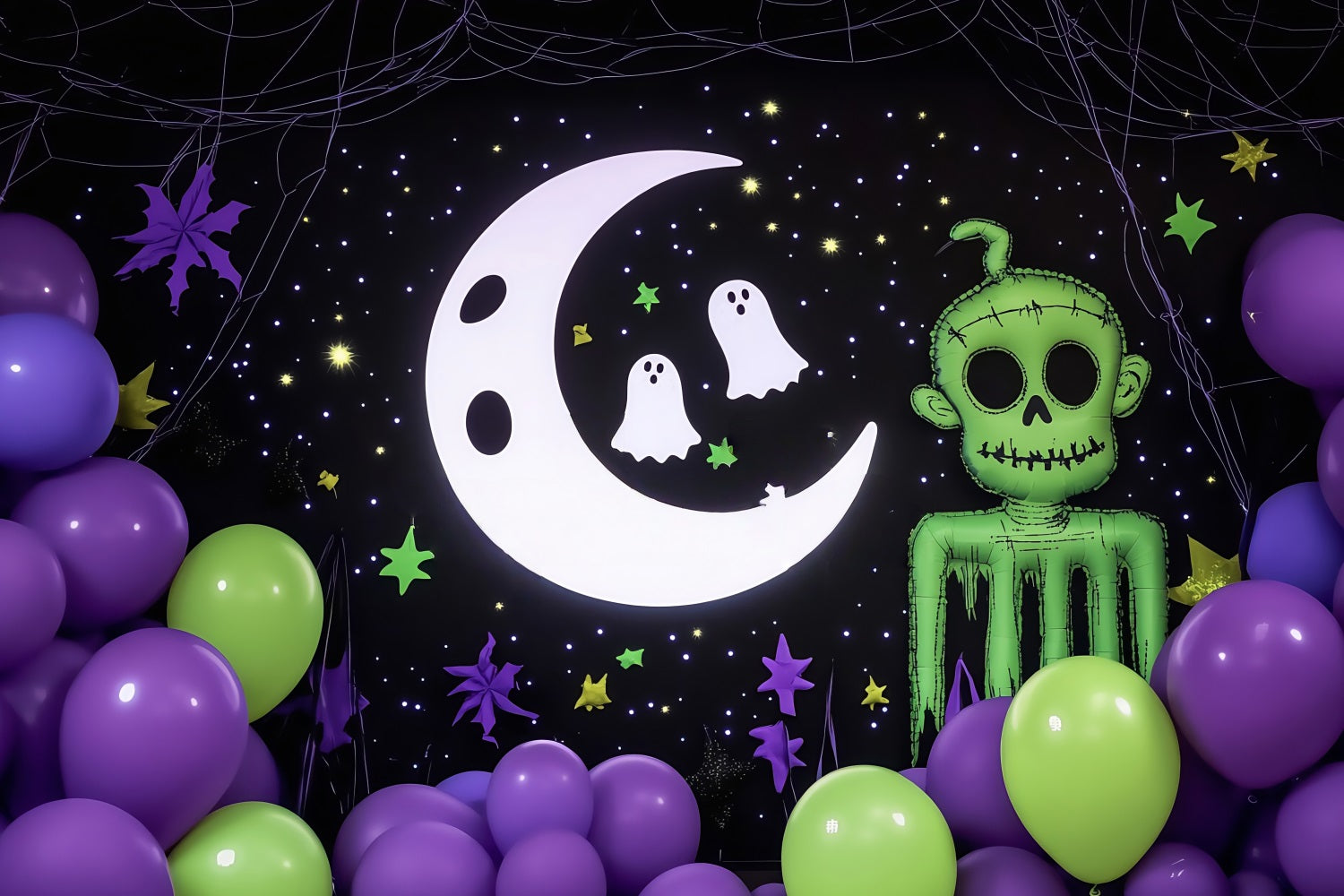 Halloween WandFotohintergrund Cartoon Moon Gespenster und grüne Zombie Dekoration Halloween Fotohintergrund für Fotos TWW58-17