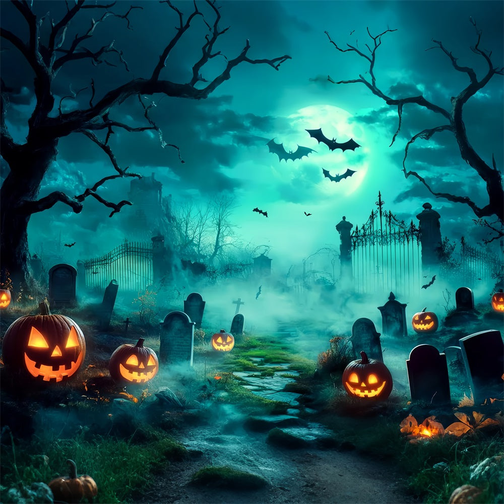 Halloween Friedhof Fotohintergrund Gespenstischer Friedhof mit leuchtenden Jack-O'-Lanterns Halloween Fotohintergrund für Fotos TWW58-18