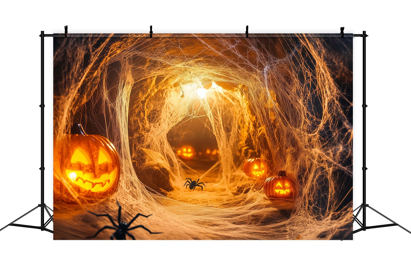 Halloween WandFotohintergrund Kürbis Spinnentunnel mit leuchtenden Netzen Halloween Fotohintergrund für Fotos TWW58-19