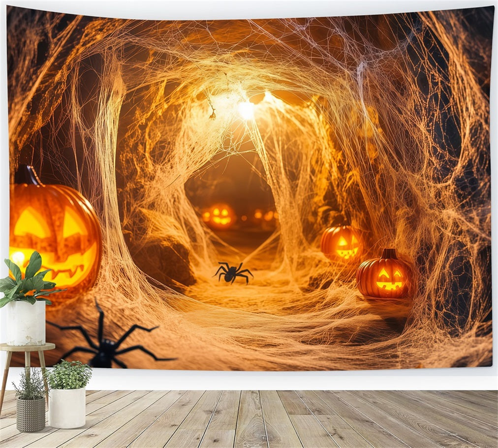 Halloween WandFotohintergrund Kürbis Spinnentunnel mit leuchtenden Netzen Halloween Fotohintergrund für Fotos TWW58-19