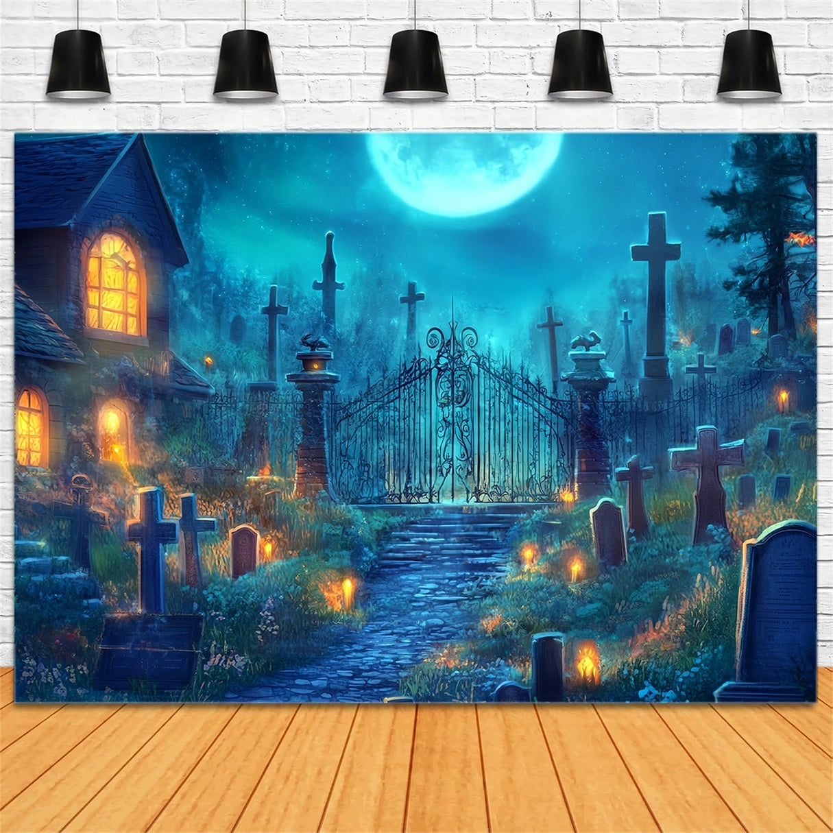 Halloween Friedhofskulisse Moonbeschienener Friedhof mit Eisentor Halloween Kulisse TWW58-2