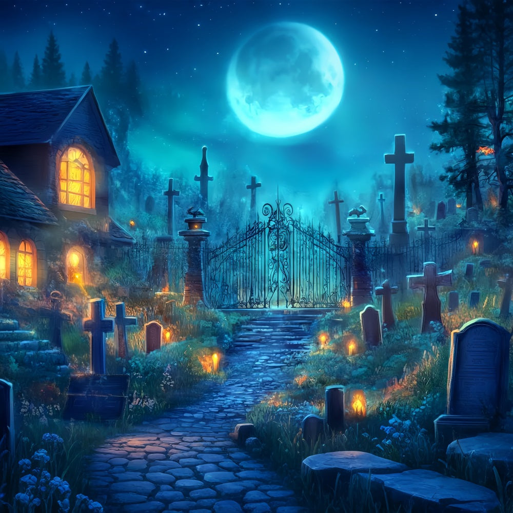 Halloween Friedhofskulisse Moonbeschienener Friedhof mit Eisentor Halloween Kulisse TWW58-2