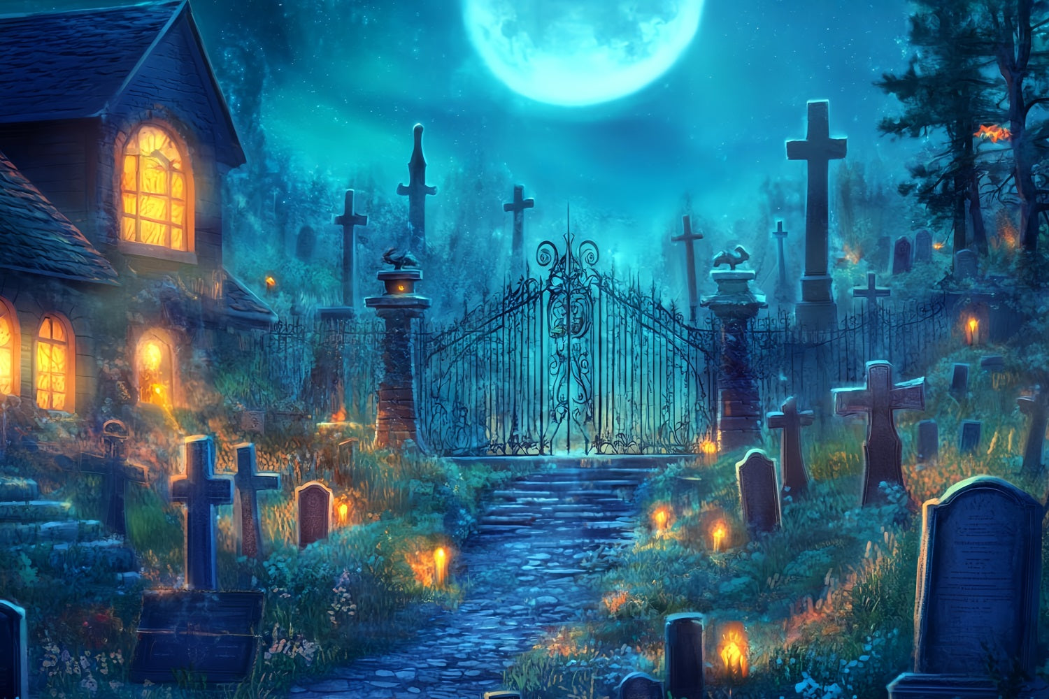 Halloween Friedhofskulisse Moonbeschienener Friedhof mit Eisentor Halloween Kulisse TWW58-2