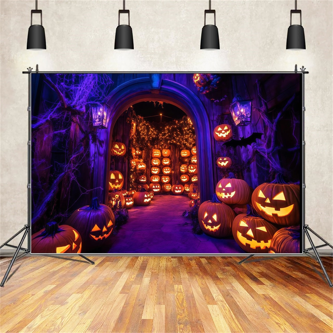 Halloween WandFotohintergrund Glühender Jack-O'-Lantern Torbogen mit Spinnennetzen Halloween Backdrop Ideen TWW58-21