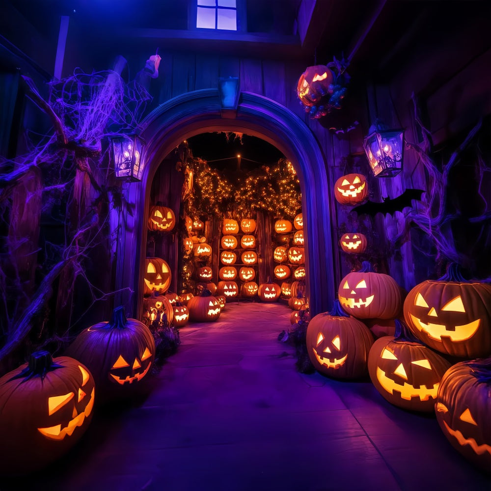 Halloween WandFotohintergrund Glühender Jack-O'-Lantern Torbogen mit Spinnennetzen Halloween Backdrop Ideen TWW58-21