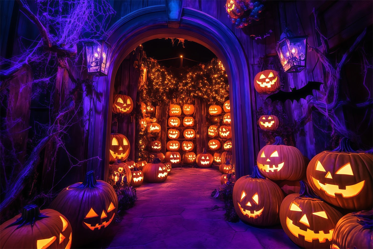 Halloween WandFotohintergrund Glühender Jack-O'-Lantern Torbogen mit Spinnennetzen Halloween Backdrop Ideen TWW58-21