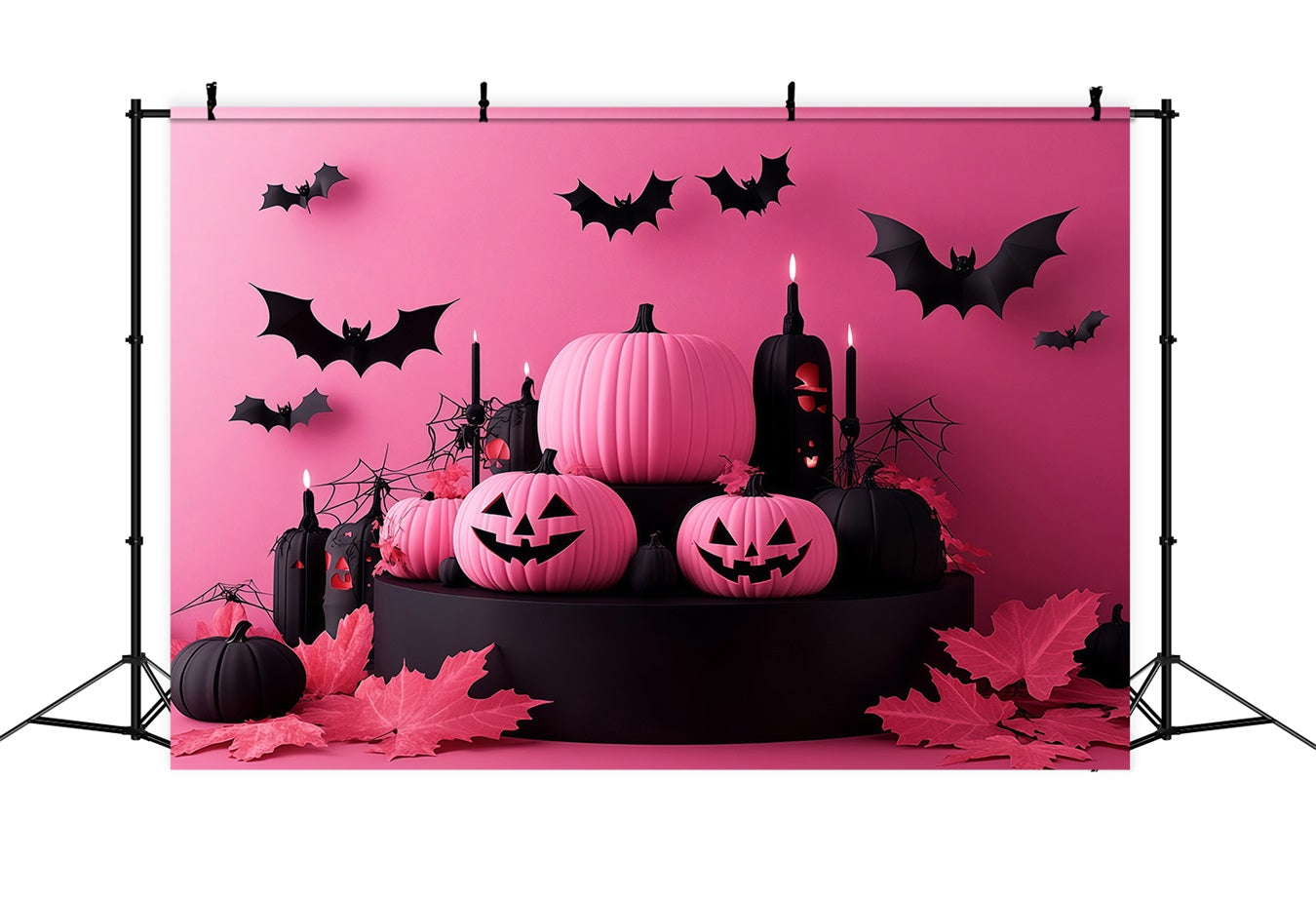 Rosa und schwarze Halloween-Kürbisse mit fliegenden Fledermäusen Halloween-Fotohintergrund-Ideen TWW58-22