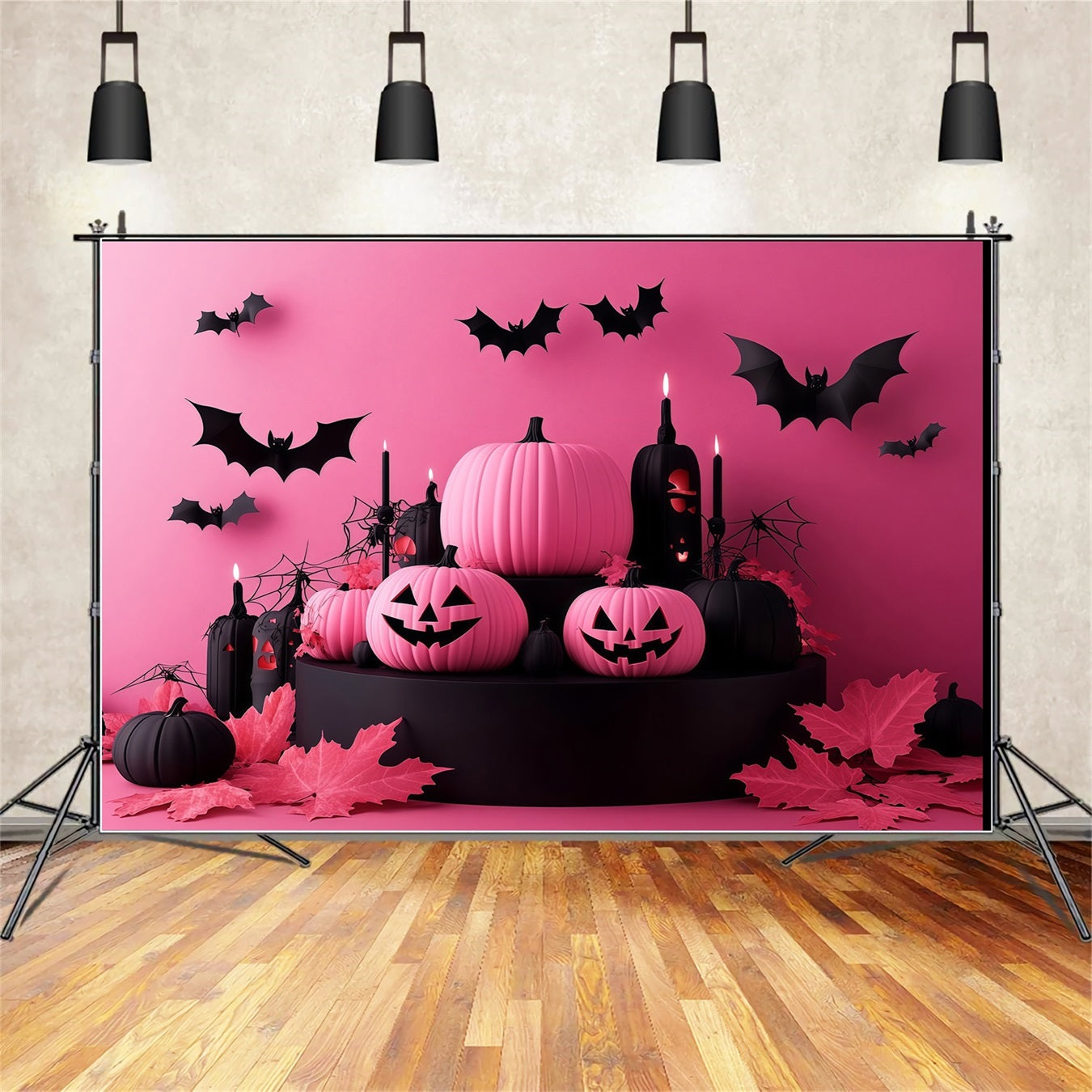 Rosa und schwarze Halloween-Kürbisse mit fliegenden Fledermäusen Halloween-Fotohintergrund-Ideen TWW58-22